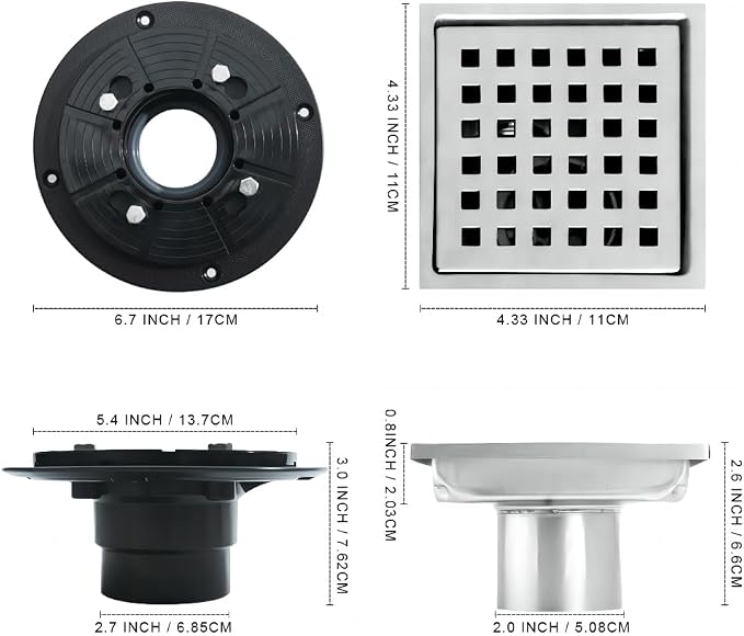 6 Inch Square Shower Floor Drain, Stainless Steel Flange - Image 4