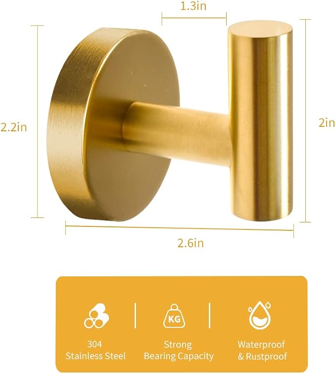 Vuzvuv 2-Pack Gold Wall-Mounted Towel Hooks, SUS304 Stainless Steel Waterproof - Image 2