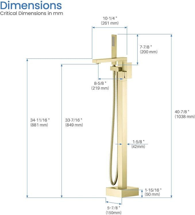 KIBI Cube Brushed Gold Freestanding Bathtub Faucet ‑ Floor‑Mounted Brass Tub - Image 9