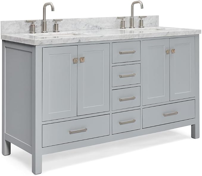 ARIEL Cambridge 61 Inch Grey Bathroom Vanity Double Sink, Solid Wood, Carrara - Image 9