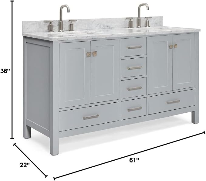 ARIEL Cambridge 61 Inch Grey Bathroom Vanity Double Sink, Solid Wood, Carrara - Image 2