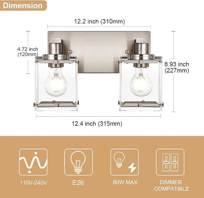 2-Lights Wall Sconce Lighting E26 Bulb Base, Modern Brushed Nickel Bathroom - Image 4