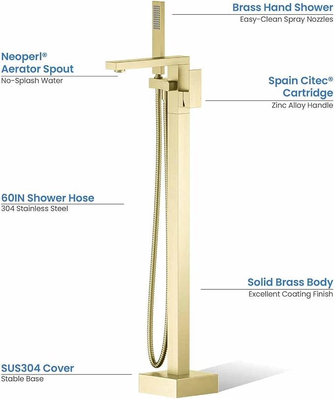 KIBI Cube Brushed Gold Freestanding Bathtub Faucet ‑ Floor‑Mounted Brass Tub - Image 3