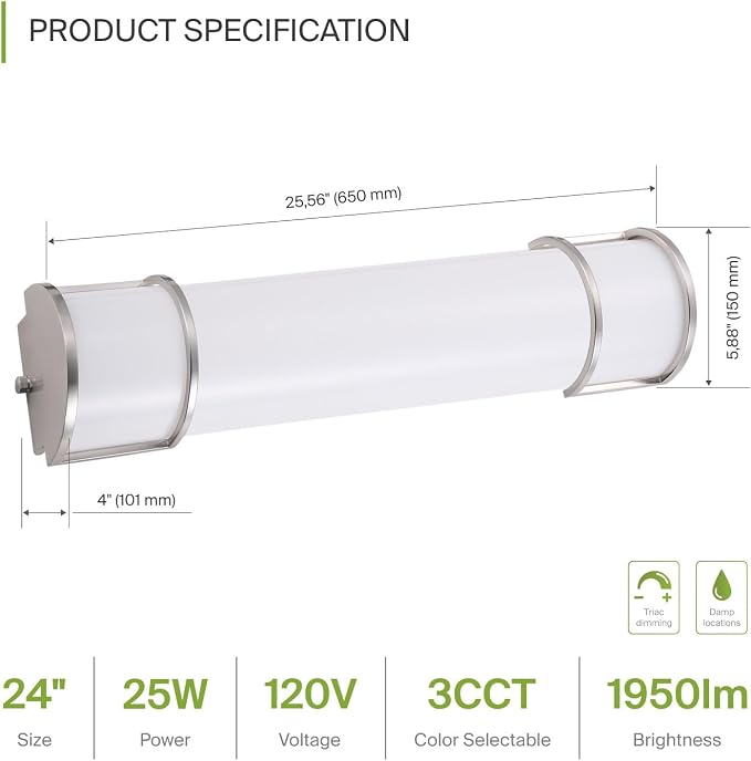ASD LED 24" Vanity Flush Mount Light Fixture, Linear Bathroom Lighting Bar | - Image 3