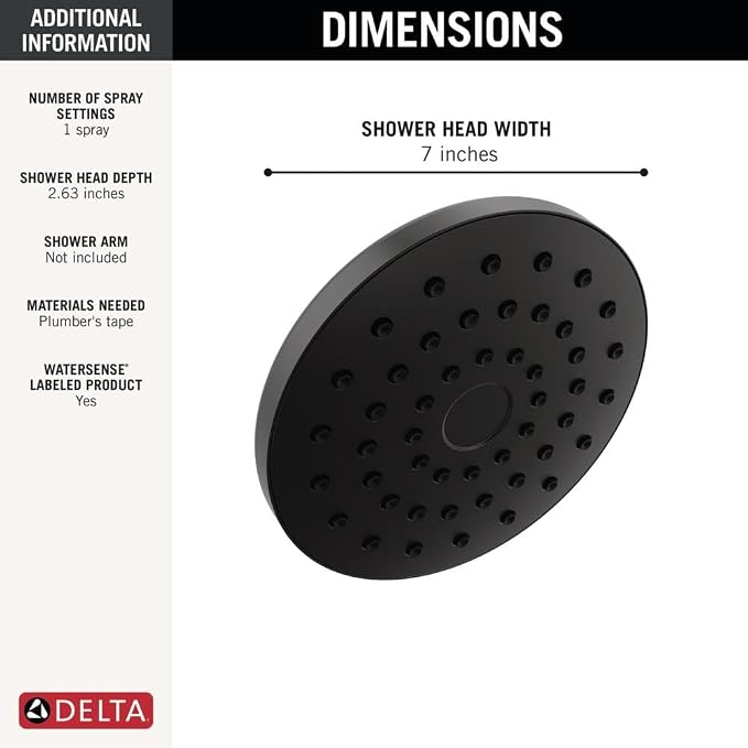 Delta PivotPro Matte Black Rain Showerhead, Single Setting 7 Inch Round Shower - Image 4