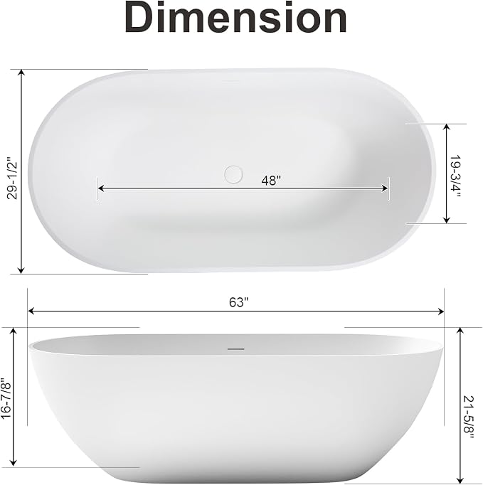 63 Inch Solid Surface Freestanding Bathtub, Oval Shaped Soaking Stone Resin - Image 5