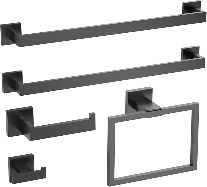 Matte Black 5-Piece Bathroom Hardware Set， INDARE Towel Rack - Image 8
