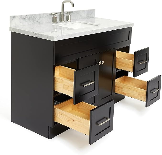 ARIEL 49" Black Bathroom Vanity, 1.5" Edge Italian Carrara Marble Countertop & - Image 6