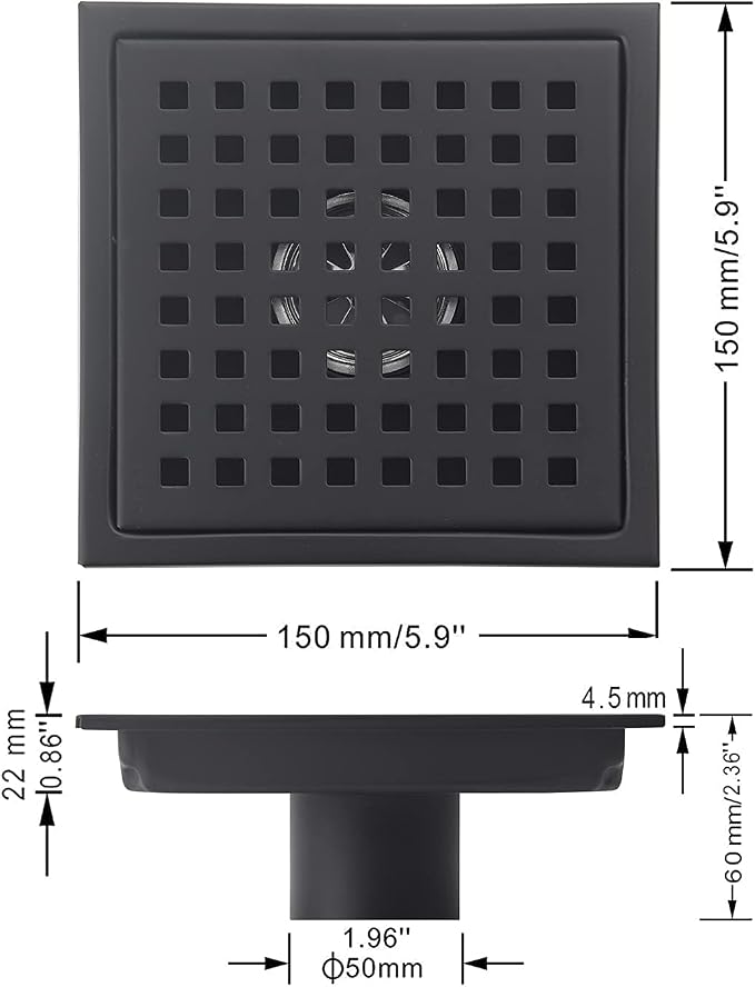 6 Inch Square Shower Floor Drain Black Matte, Grille - Image 5