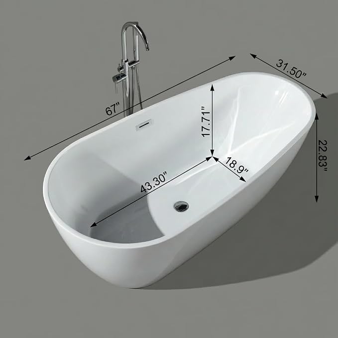 67 Inch Acrylic Freestanding Bathtub, Acrylic Soaking Bathtub - Image 2