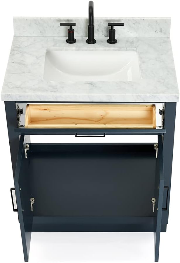 ARIEL Bathroom Vanity, Midnight Blue, Carrara Marble Top 1.5" Edge, Solid Wood - Image 5