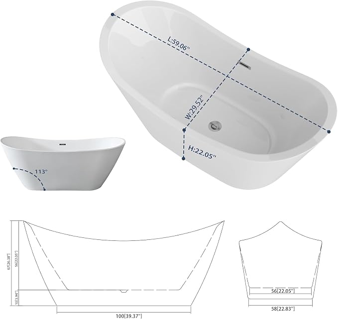 Sarlai 59 Inch Acrylic Freestanding Soaking Bathtub Contemporary Soaking White - Image 9