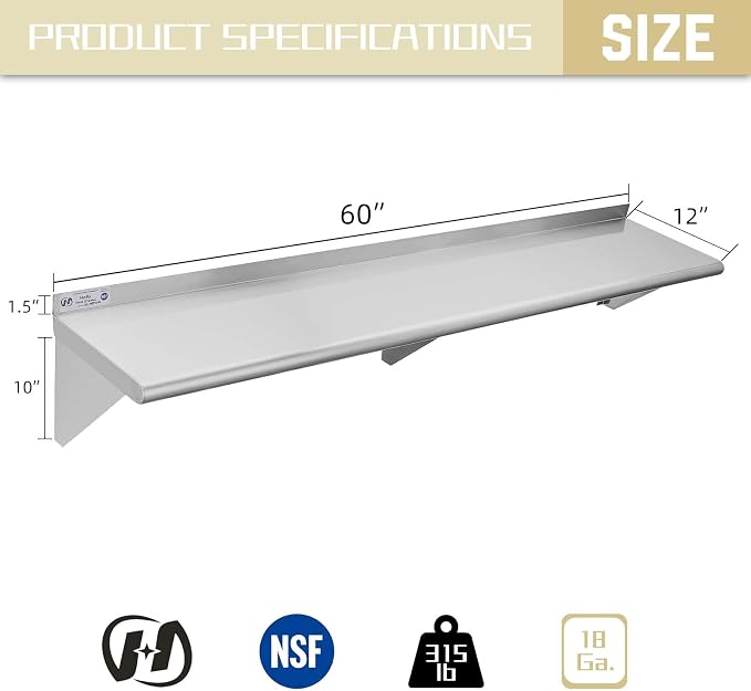 Hally Stainless Steel Shelf 12 x 60 Inches 315 lb, NSF Commercial Wall Mount - Image 3