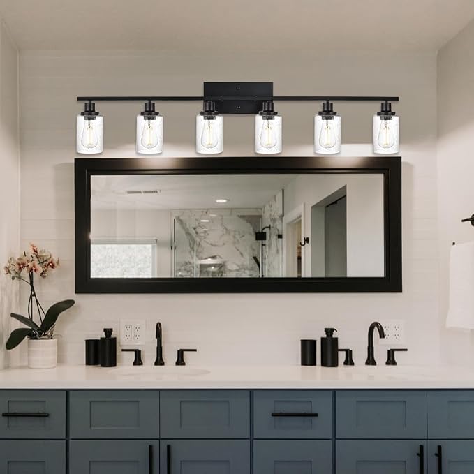 6-Light Seeded Glass Vanity Light Fixtures in Matte Black Finish, 45.3 Inches - Image 2
