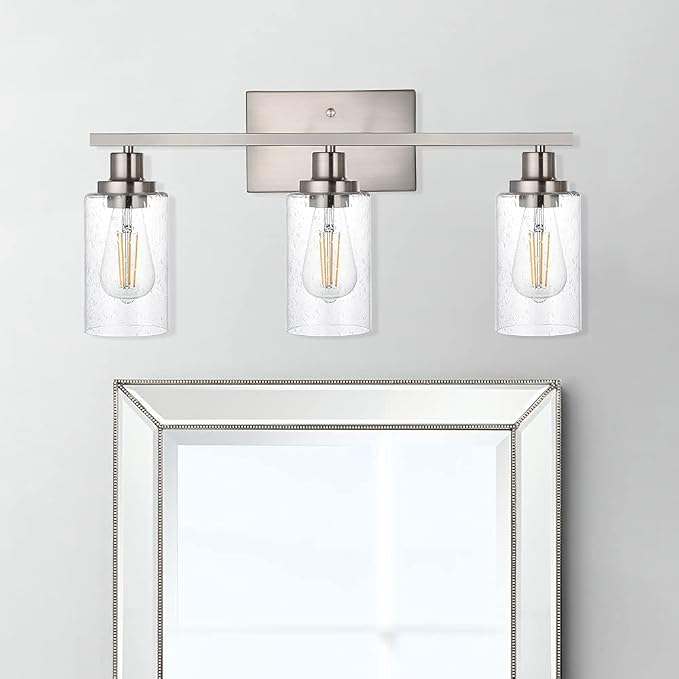 Bathroom Light Fixtures 3-Lights Seeded Glass in Brushed Nickel Finish - Image 2