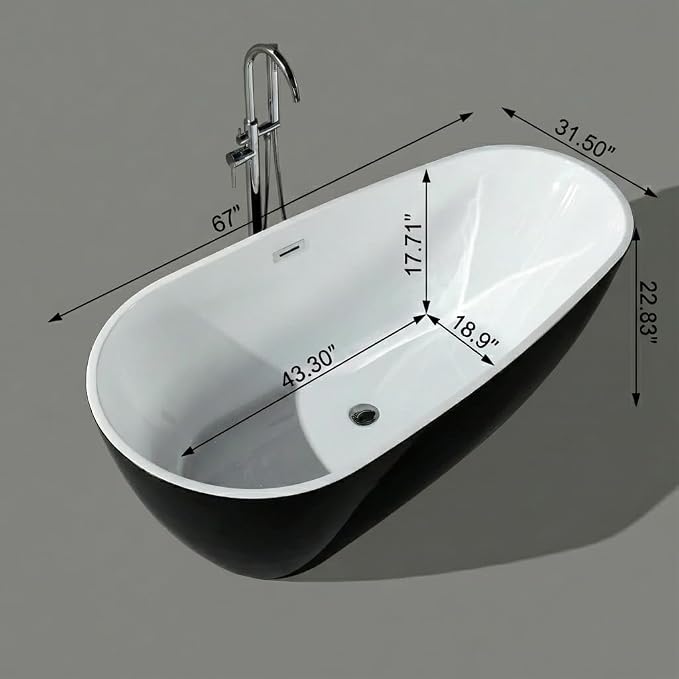 67" Freestanding Acrylic Bathtub, Deep Soaking Tub - Image 2