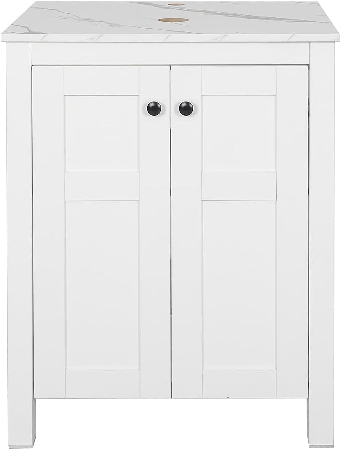 24" White Bathroom Vanity with Marble Texture Top, Traditional Standing by Solidee