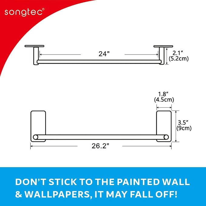 Adhesive Bath Towel Bar 24-inch Black, No Drill Stick On Towel Rack, Easy - Image 7