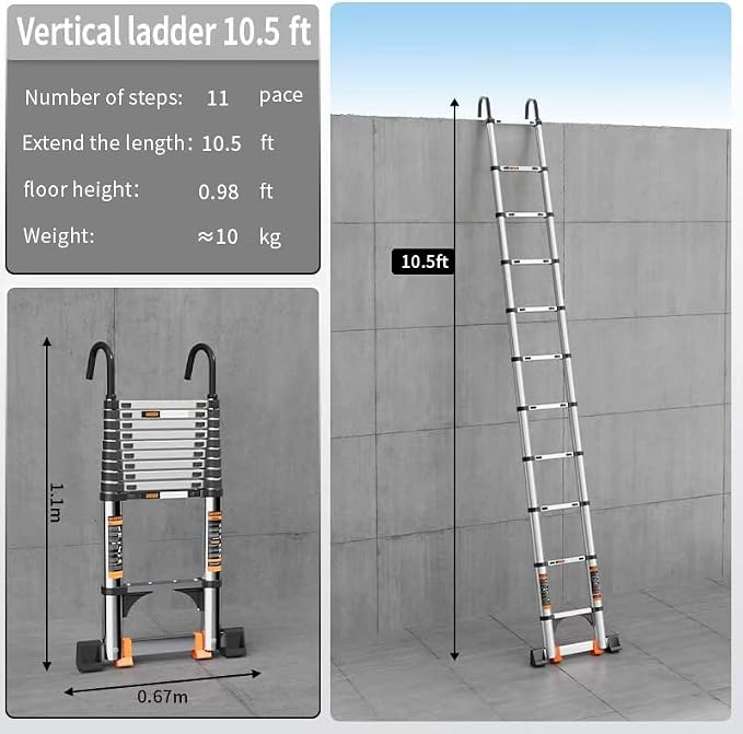 Telescoping Ladder, with Stable Hook and stabilizer barand, 10.5 FT Extension - Image 2