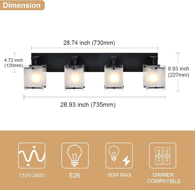 4-Lights Bathroom Vanity Lighting Over Mirror, E26 Bulb Base - Image 4
