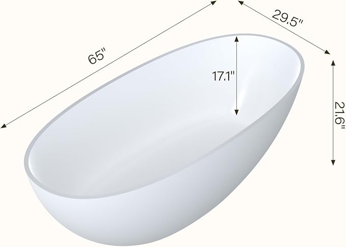 65 in Solid Surface Freestanding Bathtub, Contemporary Oval Shape Soaking Tub - Image 6