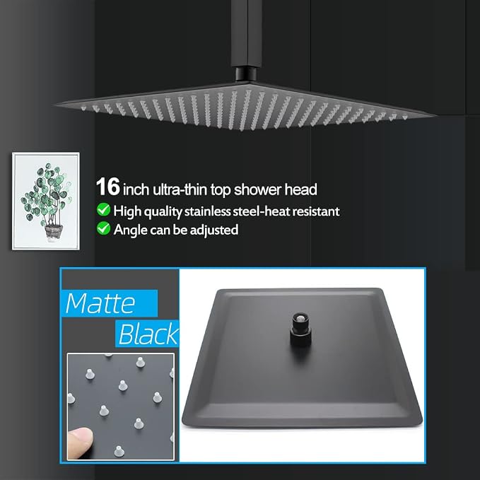 Matte Black Full Body Rain Shower System 16 Inch Ceiling Mount Dual Function - Image 5