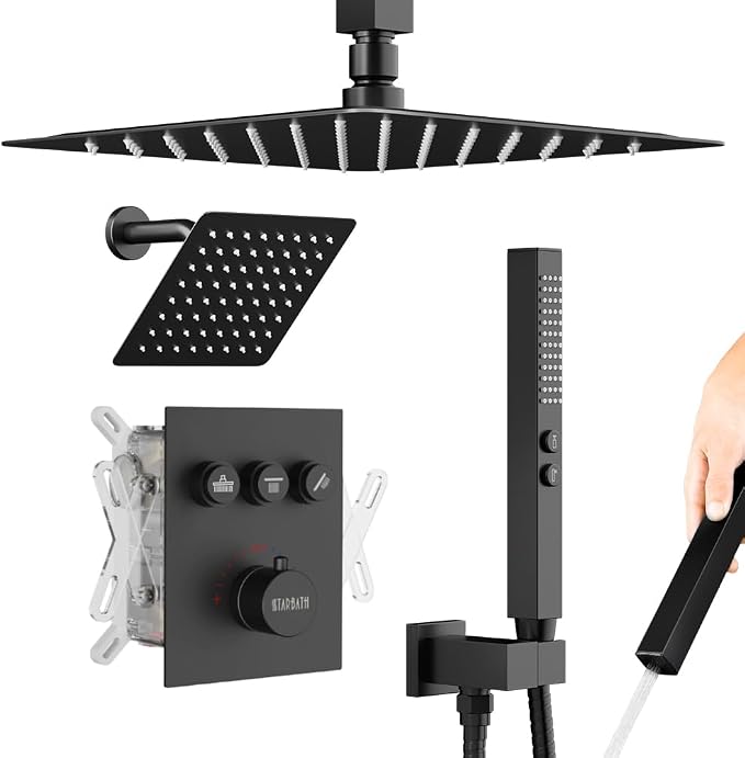 Shower Faucet Set Matte Black Shower System, Can Use All at Once, Thermostatic by STARBATH
