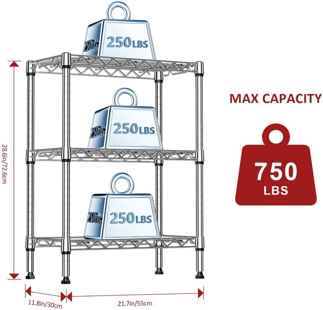 IZEUK 3-Tier Steel Storage Shelves, Heavy Duty Metal Shelf Wire Shelving Rack - Image 3