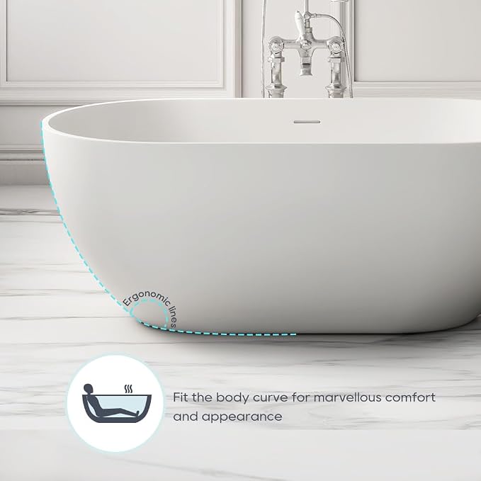 SJ STAR&JANE 59" Solid Surface Freestanding Bathtub, Matte White Oval Soaking - Image 4