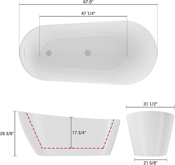 67'' Acrylic Freestanding Bathtub, Deep Soaking Tub, Non-Slip Upright Bathtub - Image 3