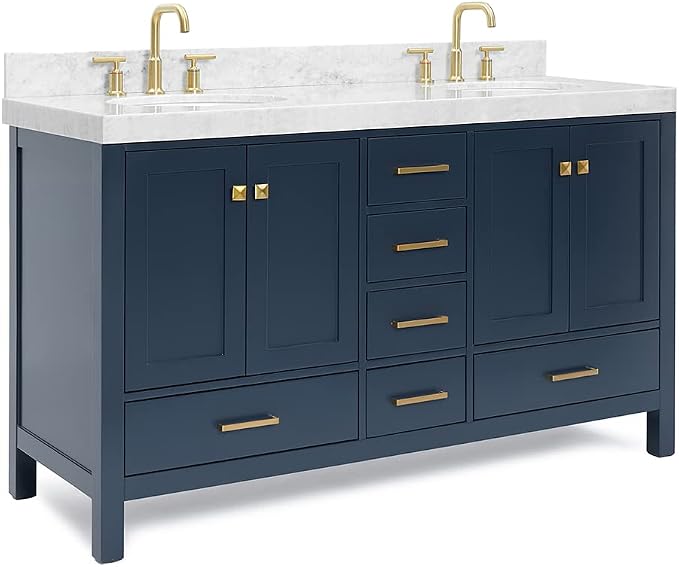ARIEL Cambridge 60 Inch Midnight Blue Bathroom Vanity Double Sink, Solid Wood by Ariel