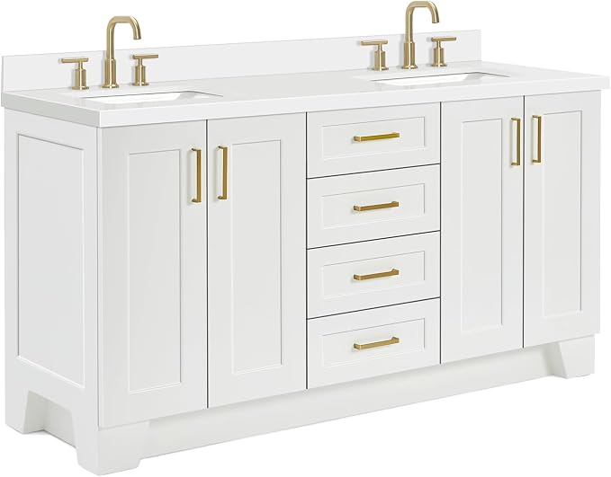 ARIEL Taylor 67" White Double Vanity, 1.5" Edge Pure White Quartz Countertop & - Image 5