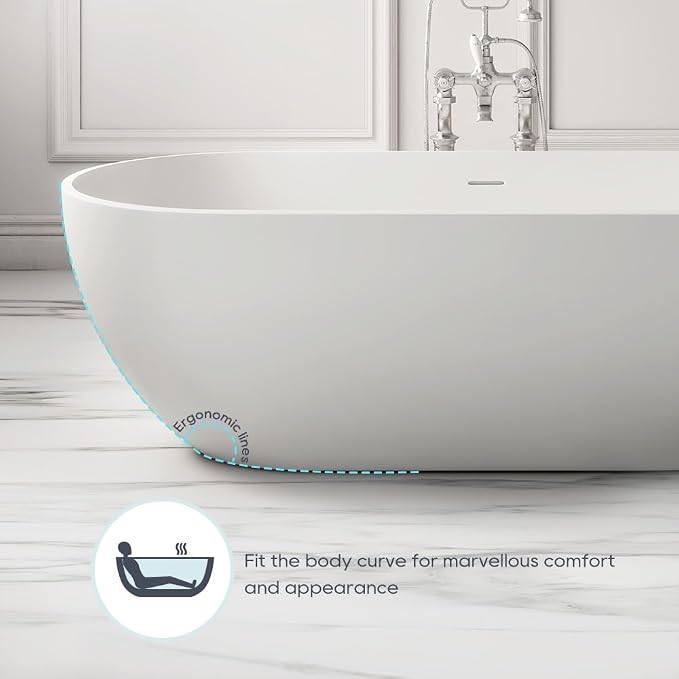SJ STAR&JANE 69" Solid Surface Freestanding Bathtub, Matte White Oval Stone - Image 5