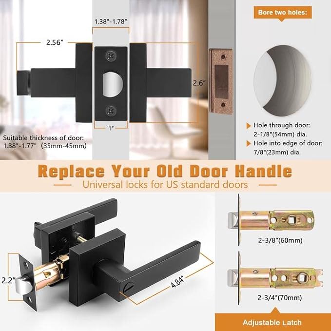 Probrico Interior Black Door Handle, Heavy Duty, Flat Square Privacy Door - Image 6