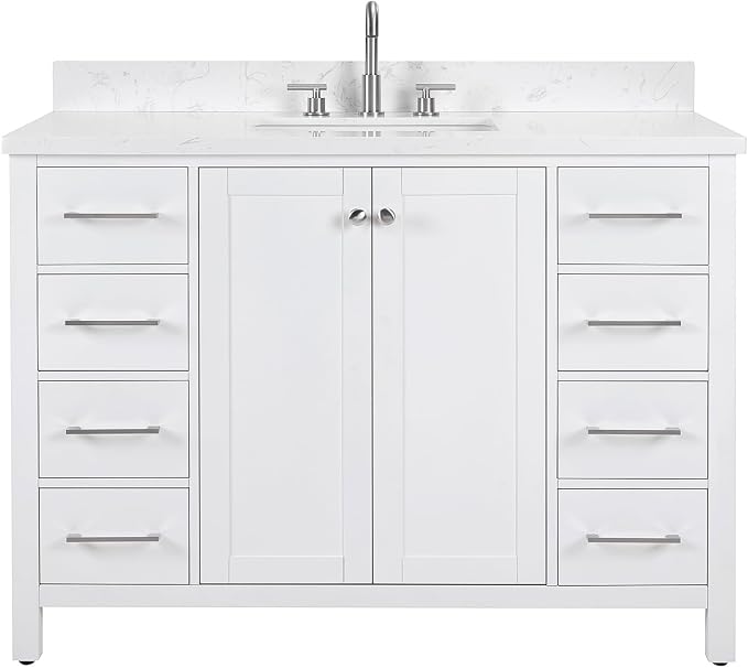 48’’White Bathroom Vanity with Sink, Solid Wood Bathroom Cabinet with Carrara - Image 8