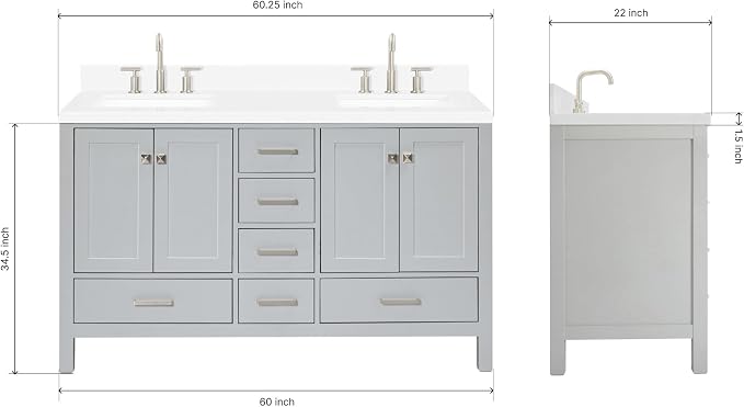 ARIEL Cambridge 60 Inch Grey Bathroom Vanity Double Sink, Solid Wood, Carrara - Image 2