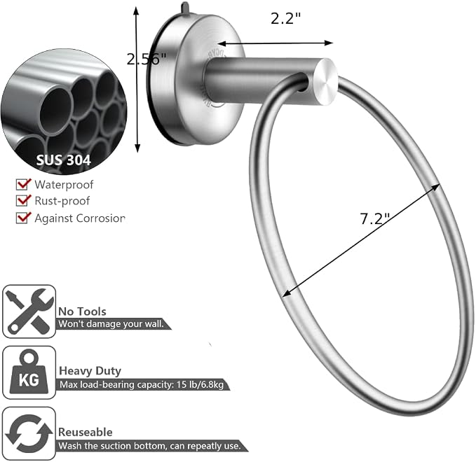 DGYB Suction Cup Hand Towel Ring Brushed Nickel Hand Towel Holder - Image 5