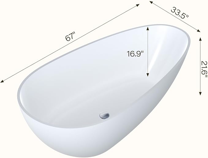 67 in Solid Surface Freestanding Bathtub, Contemporary Oval Shape Soaking Tub - Image 8