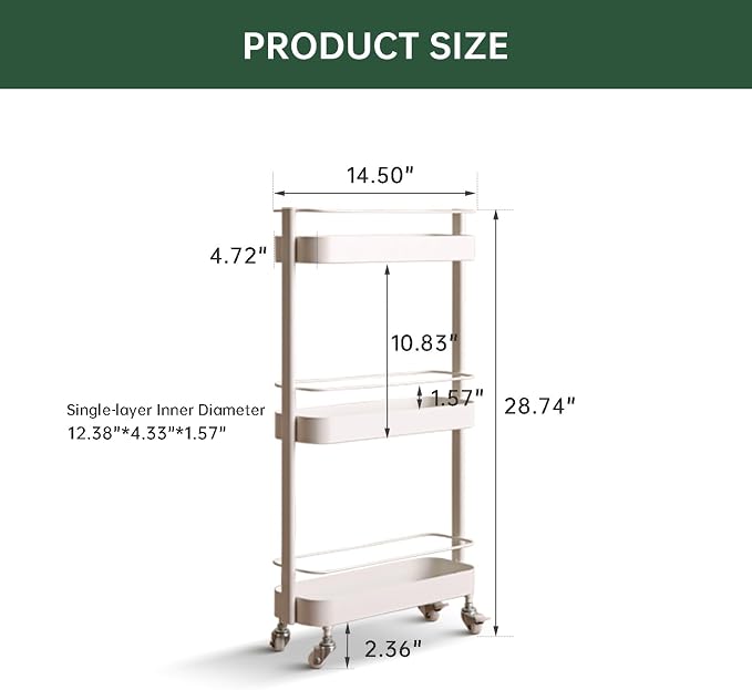 Rolling Storage Cart, 3 Tier Bathroom Organizer Mobile Shelving Unit, Metal - Image 2