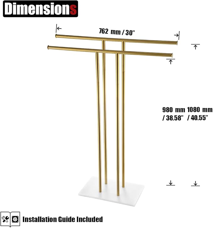JQK Bath Towel Holder Stand Brushed Gold, 30 Inch Free Standing Double Towel - Image 2