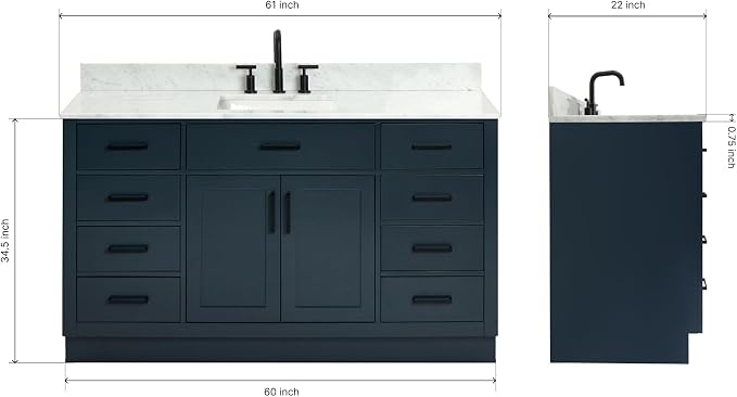 ARIEL Bathroom Vanity 61" Midnight Blue, Italian Carrara Marble Countertop & - Image 2