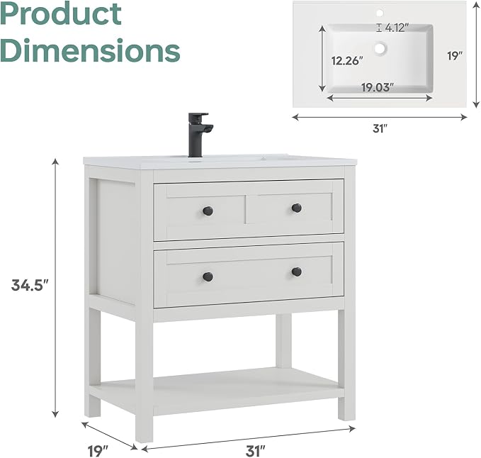 30 Inch Bathroom Vanity with Sink, Farmhouse Storage Cabinet with Drawers & - Image 2