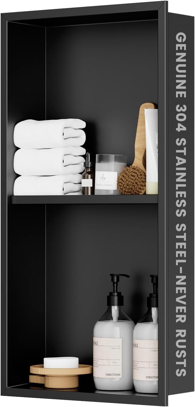 304 Stainless Steel Shower Niche Insert-Glossy Black 24 x 12" No Tile Needed by Vlaeng
