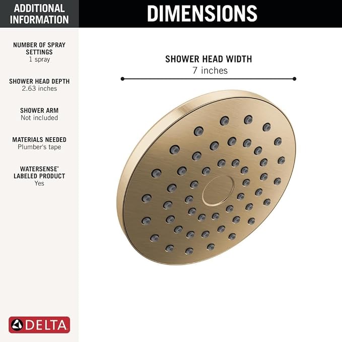 Delta PivotPro Brushed Gold Rain Showerhead, Single Setting 7 Inch Round Shower - Image 4