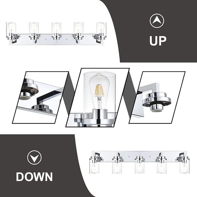 MELUCEE 5-Lights Bathroom Vanity Light Fixtures Chrome, Modern Vanity Lighting - Image 6