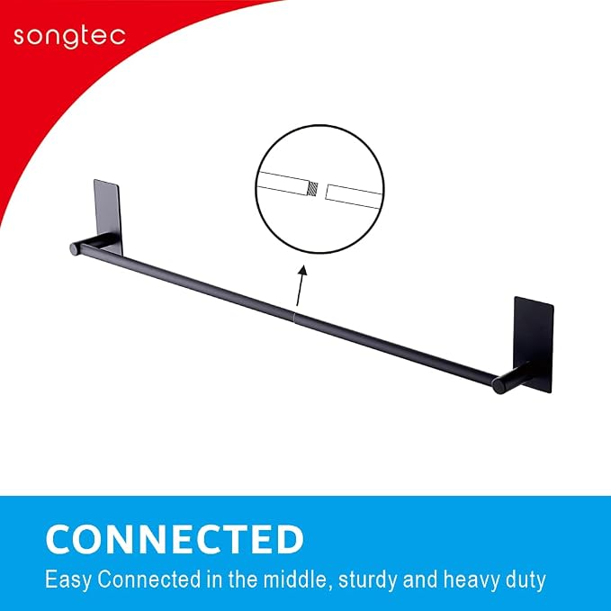 Adhesive Bath Towel Bar 24-inch Black, No Drill Stick On Towel Rack, Easy - Image 6