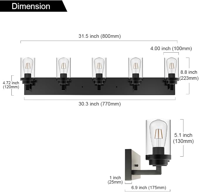 MELUCEE 5-Light Black Bathroom Light Fixtures - Image 6