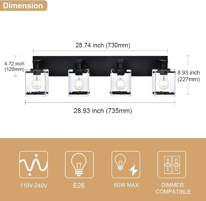 4-Light Bathroom Vanity Light Fixture, Modern Black Wall Lighting Over Mirror - Image 5