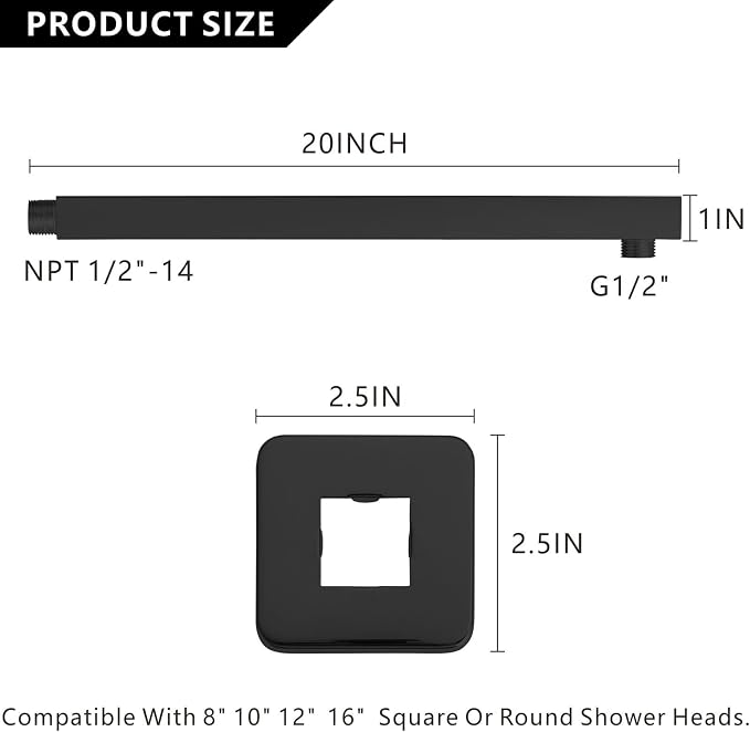 Voolan 20" Square Shower Arm - Image 3