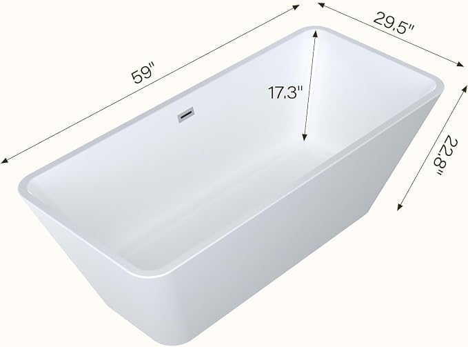 59" Freestanding Bathtub, Acrylic Soaking Tub, Chrome Overflow & Drain - Image 2